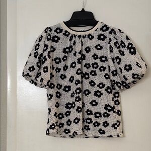 THML Cream Blouse with Smocked Puffed Sleeves and Peter Pan Collar